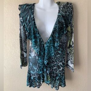 Alberto Makali Y2K Boho Animal Print Ruffle One Button Closure Cardigan Size M